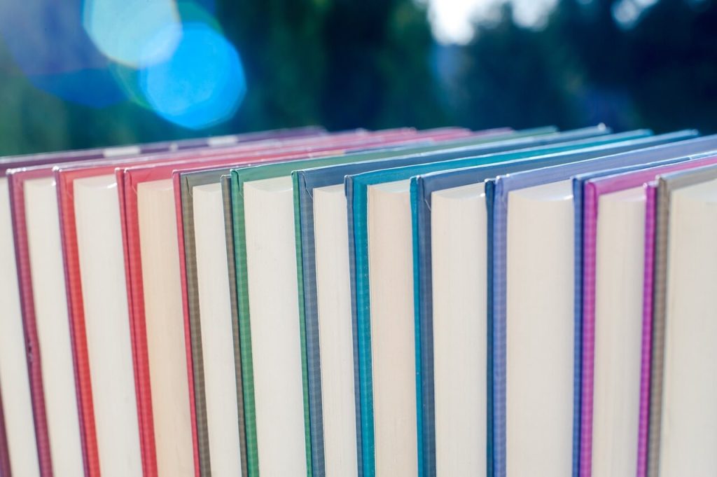 books with coloured covers lined up