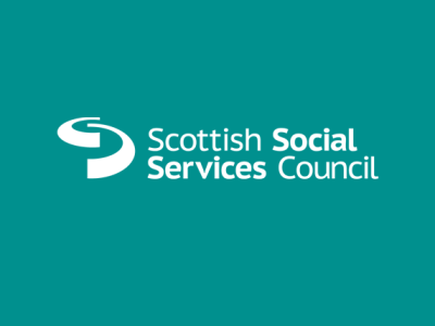 a teal background containing a logo for the Scottish Social Services Council