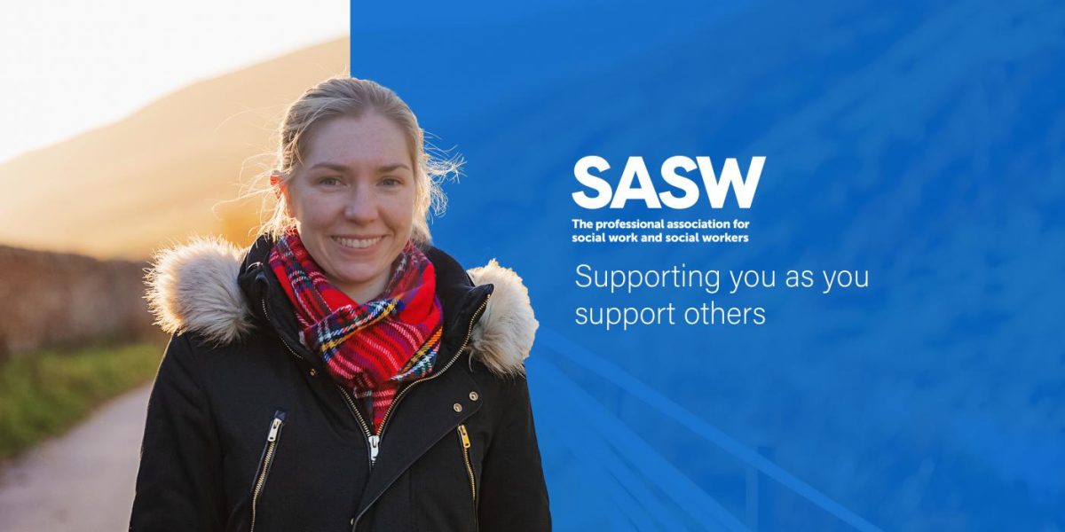 A woman standing in front of SASW logo. The Social Work Professional Support Service An opportunity for social workers to support - and be supported by - colleagues across the profession.